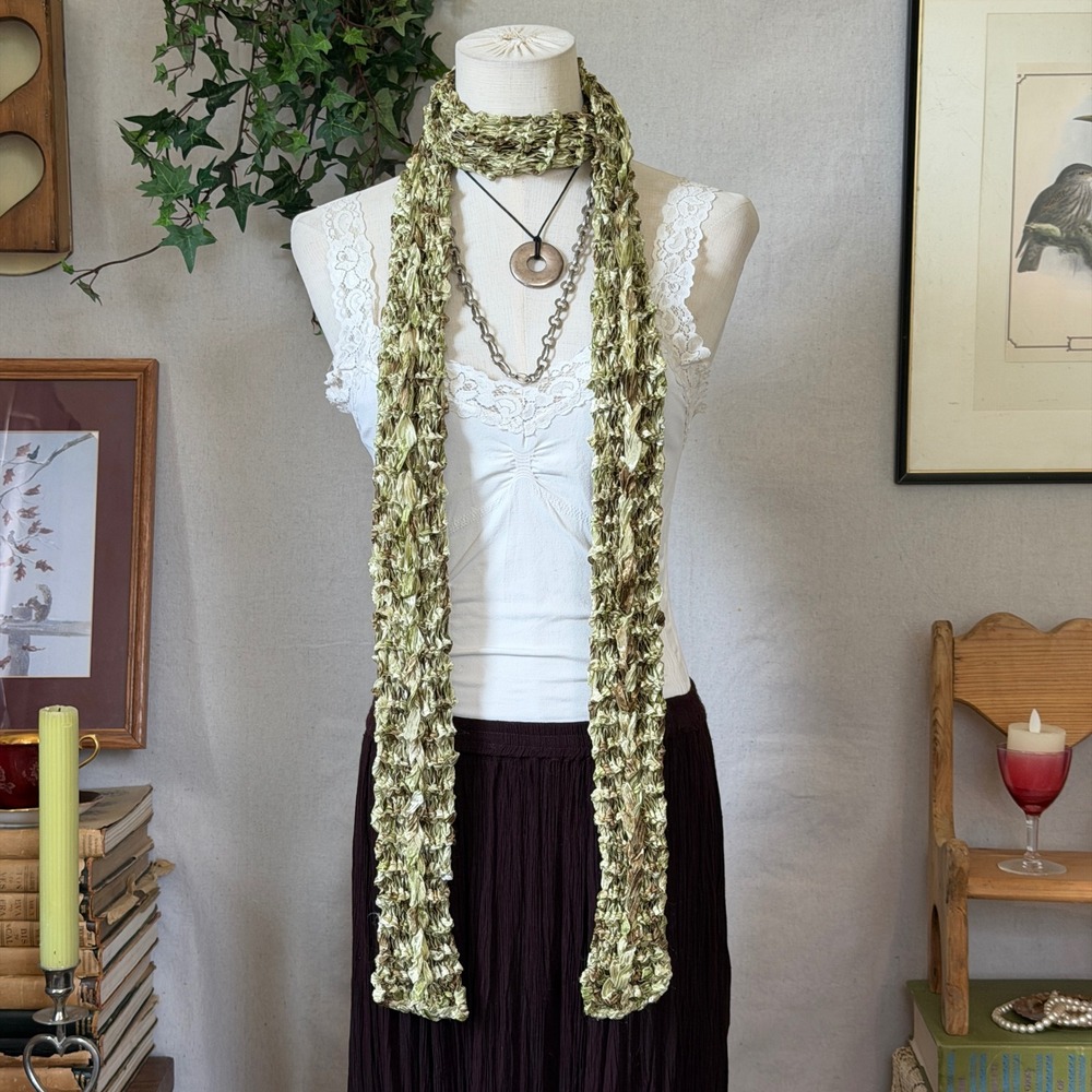 Green Woven Ribbon Skinny Scarf Fairycore Boho Vintage OS Handmade Funky Retro